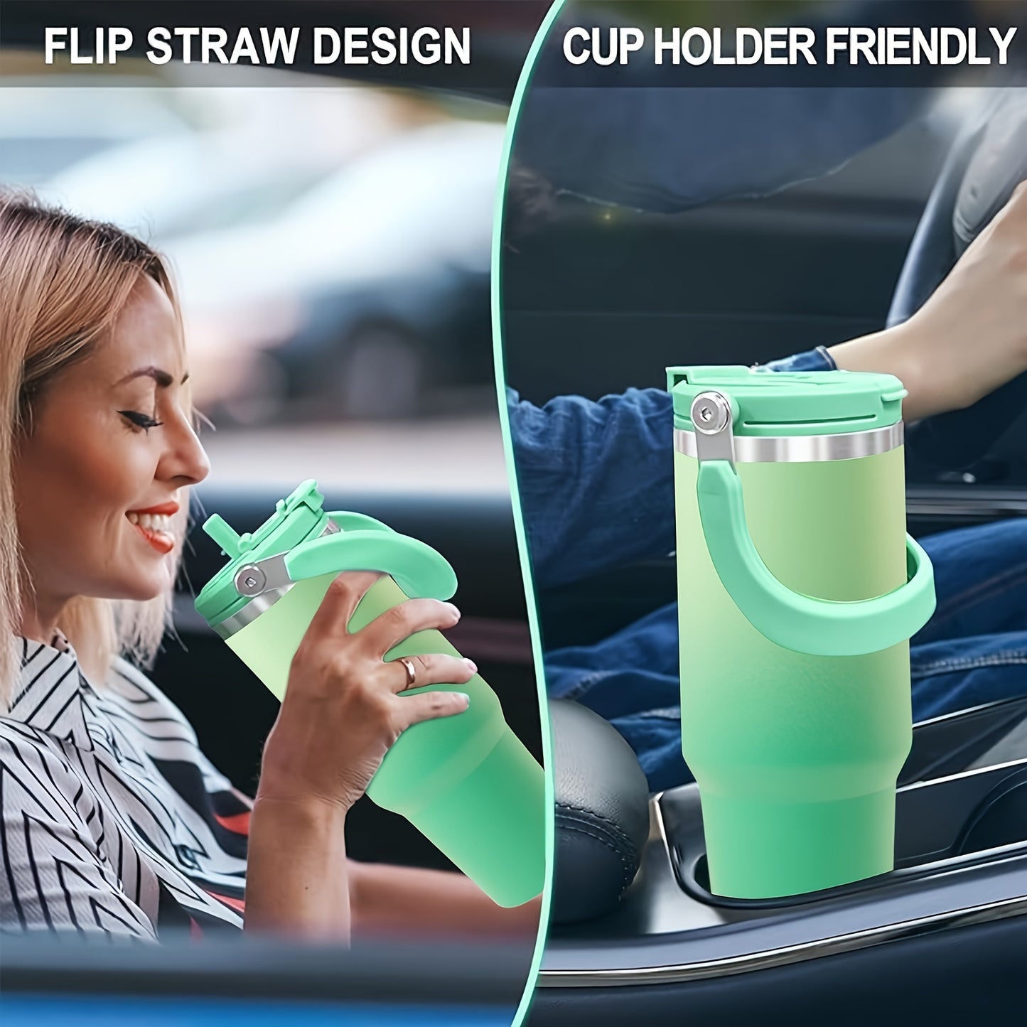 40oz Stainless Steel Roller with Portable Handle – Double Wall Vacuum Insulated with 2 in 1 Flip Straw Cover – Ideal for Hot and Cold Beverages, Sports, Outdoor Camping and Driving