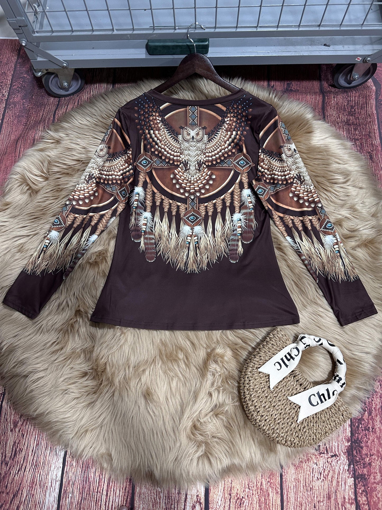 Tribal Print V-Neck T-Shirt - Casual Long Sleeve Top for Spring & Fall, Women's Clothing