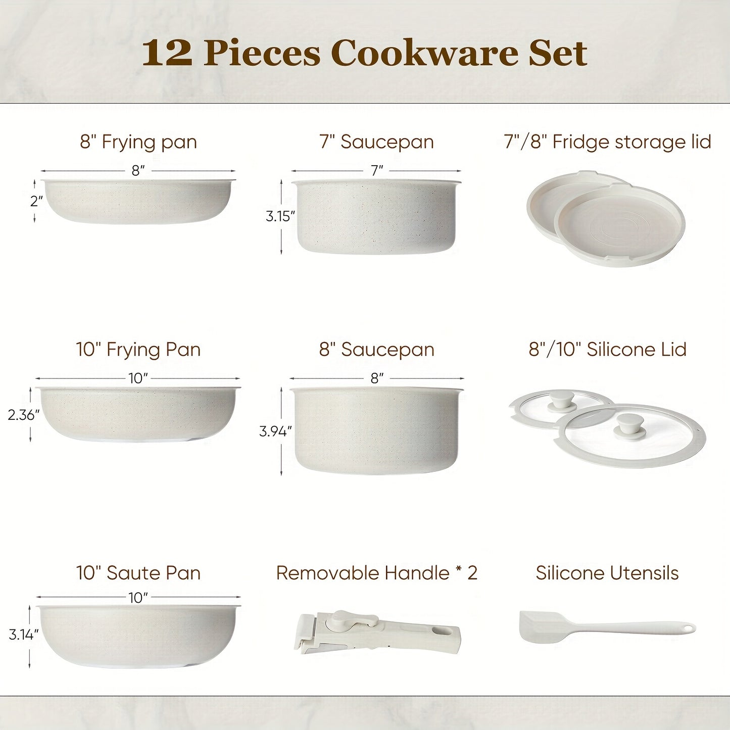 12-Piece Nonstick Cookware Set with Detachable Handle – Beige Induction, Dishwasher & Oven Safe Pots and Pans