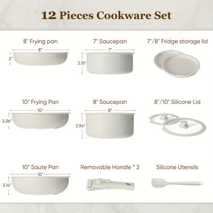 12-Piece Nonstick Cookware Set with Detachable Handle – Beige Induction, Dishwasher & Oven Safe Pots and Pans
