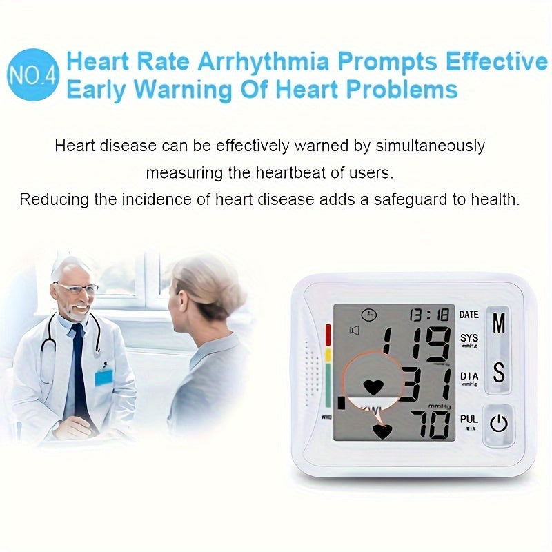 Taikon W01 Digital Blood Pressure Monitor - LCD Display, Battery-Powered, Adjustable Wrist Cuff, Irregular Heartbeat Detection - Medical Device, No Batteries Included