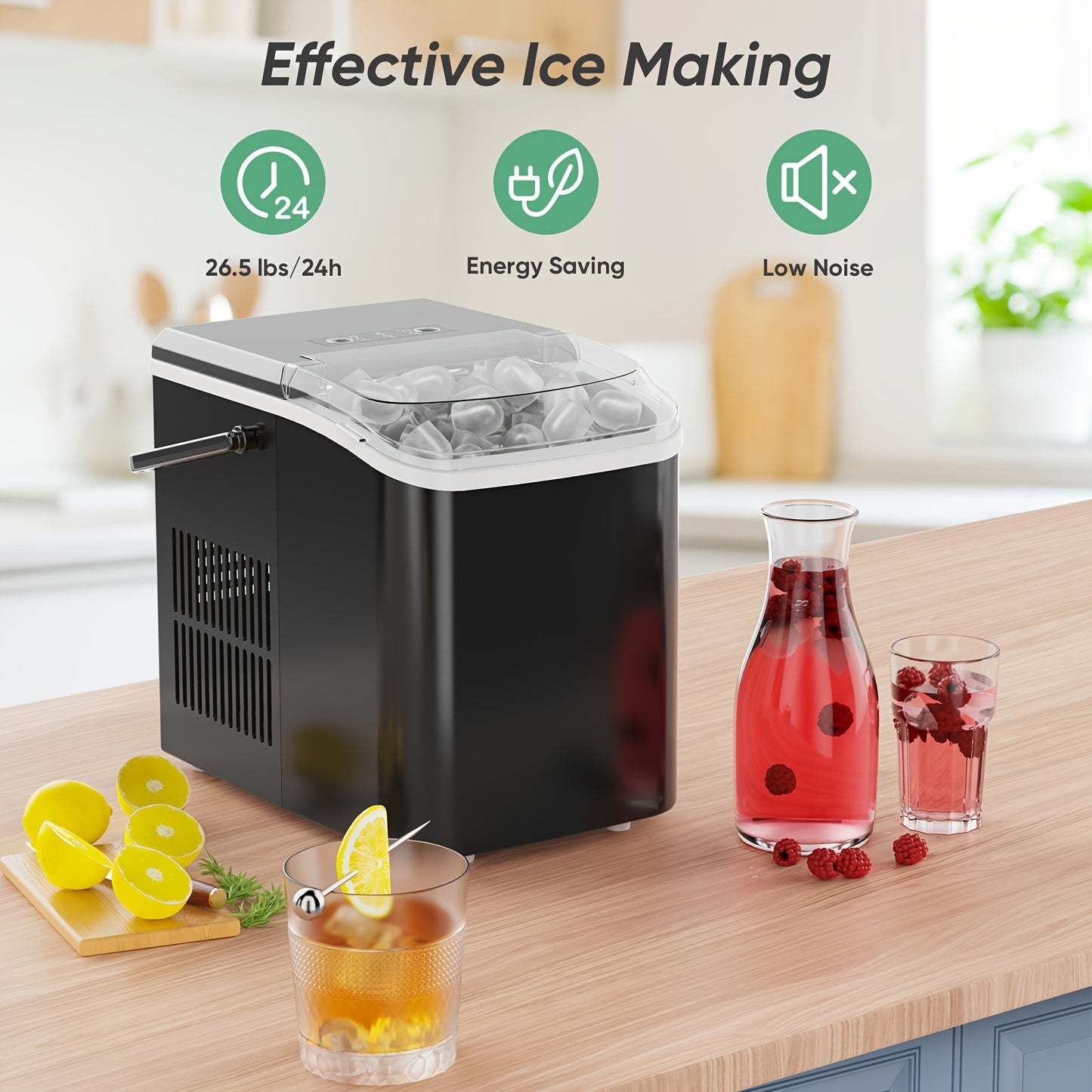 Countertop Ice Maker – Nugget Portable Ice Machine, 9 Bullet Ice Cubes in 6 Minutes, 26.5lbs in 24 Hours, Self-Cleaning with Handle, Basket, Scoop for Home, Kitchen, Party, Camping, RV