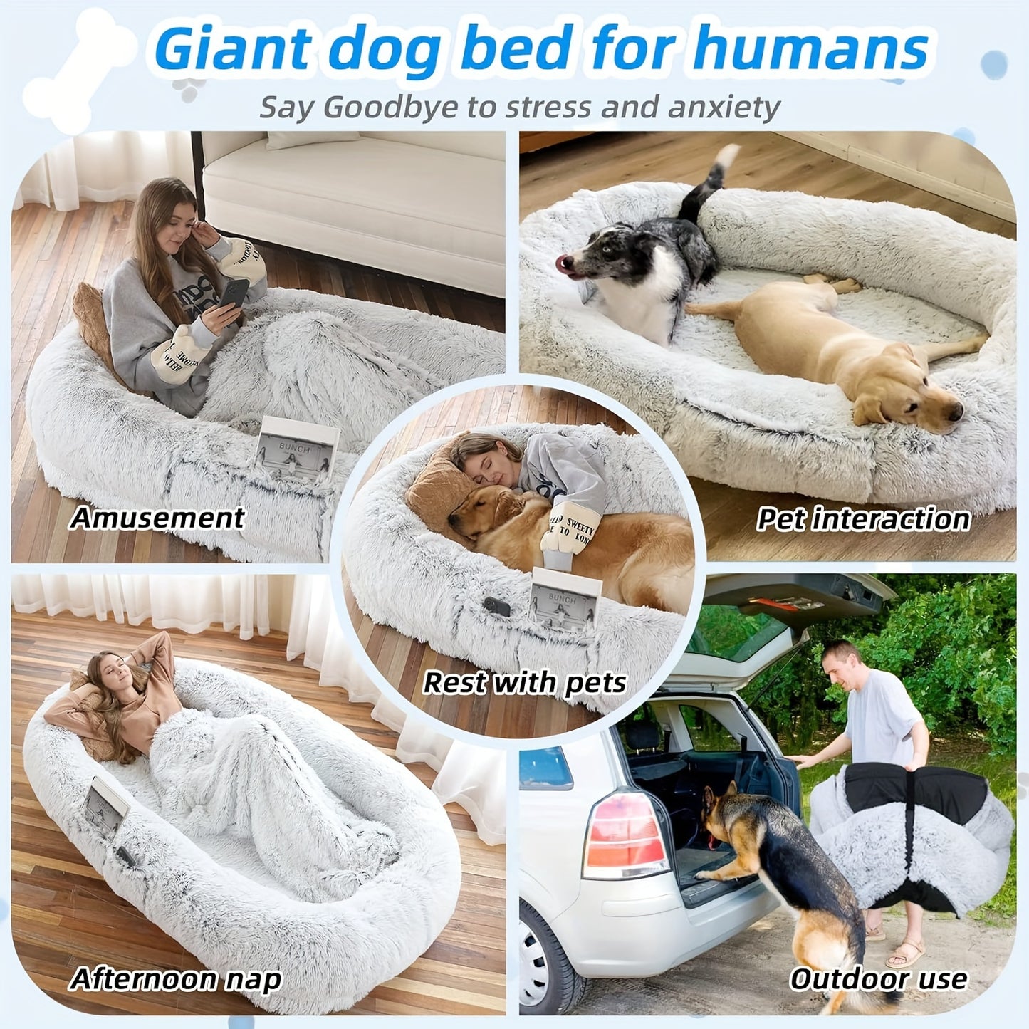 Human Dog Bed - 71''x45''x12'' Washable Faux Fur Bed for People & Pets, Orthopedic Napping Pillow with Blanket and Strap, Grey