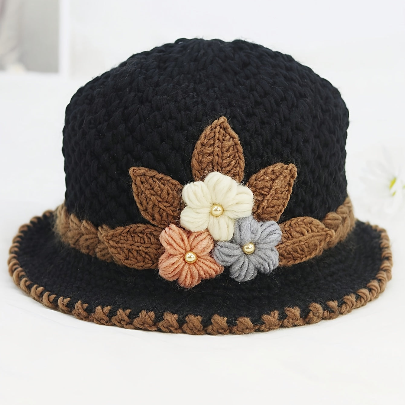 Elegant Flower Crochet Bucket Hat - Lightweight & Warm Knitted Fisherman Cap for Women, Autumn & Winter
