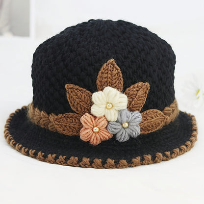 Elegant Flower Crochet Bucket Hat - Lightweight & Warm Knitted Fisherman Cap for Women, Autumn & Winter