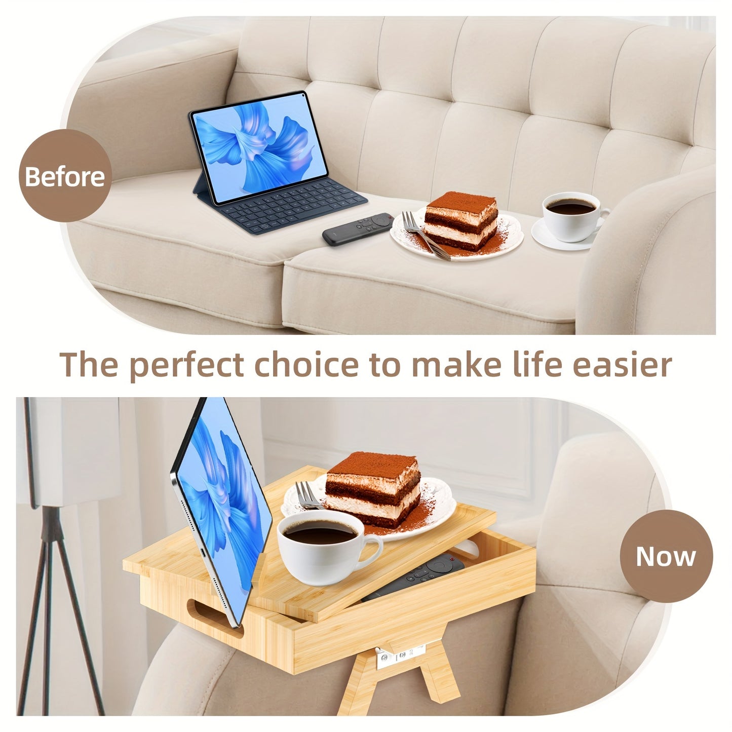 Sofa Armrest Tray with Storage Box - 360° Rotating Bamboo Arm Table, Phone Holder, Remote & Drink Cup Organizer, Food Tray for End Table