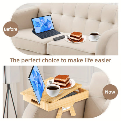 Sofa Armrest Tray with Storage Box - 360° Rotating Bamboo Arm Table, Phone Holder, Remote & Drink Cup Organizer, Food Tray for End Table