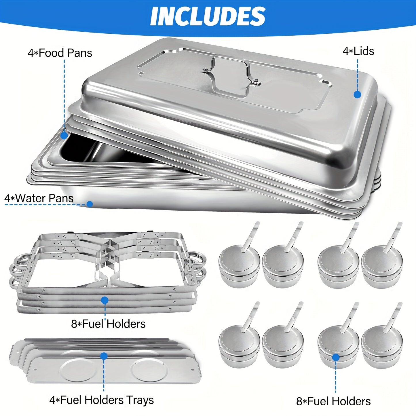8QT Rectangle Stainless Steel Chafing Dish Buffet Set - Food Warmer Kit with Lids, Pans, and Fuel Holders - Durable, Easy-to-Clean for Restaurant, Catering, Parties, and Weddings