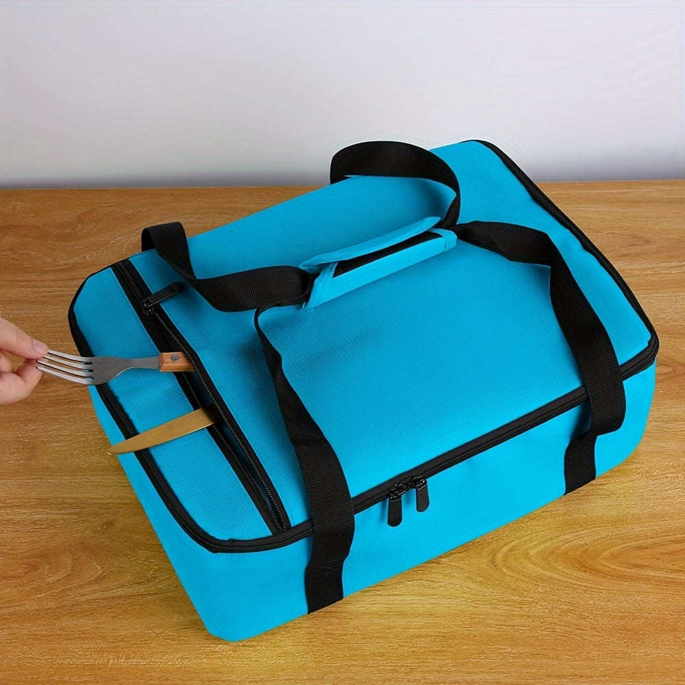 Red Baking Tray Bag – Expandable Layered Insulated Pot Carrier for 9"x13" Baking Tray – Forest Grey Grid, Hot or Cold Food – Layered Lugger Handbag, Lunch Bag with Ice Pack
