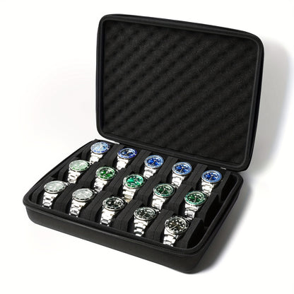 Hard-Shell 15-Slot Watch Storage Organizer Case - Fits Large and Small Watches, Soft Foam Pillow, Ideal for Men's and Women's Collections, Perfect Gift Choice