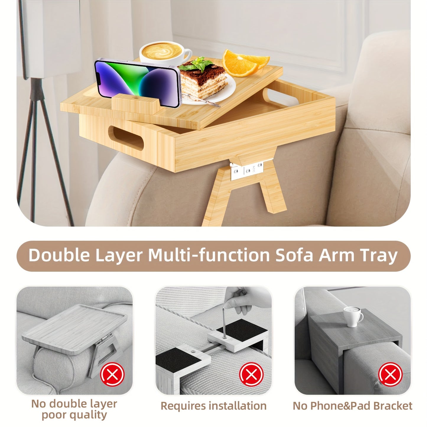 Sofa Armrest Tray with Storage Box - 360° Rotating Bamboo Arm Table, Phone Holder, Remote & Drink Cup Organizer, Food Tray for End Table