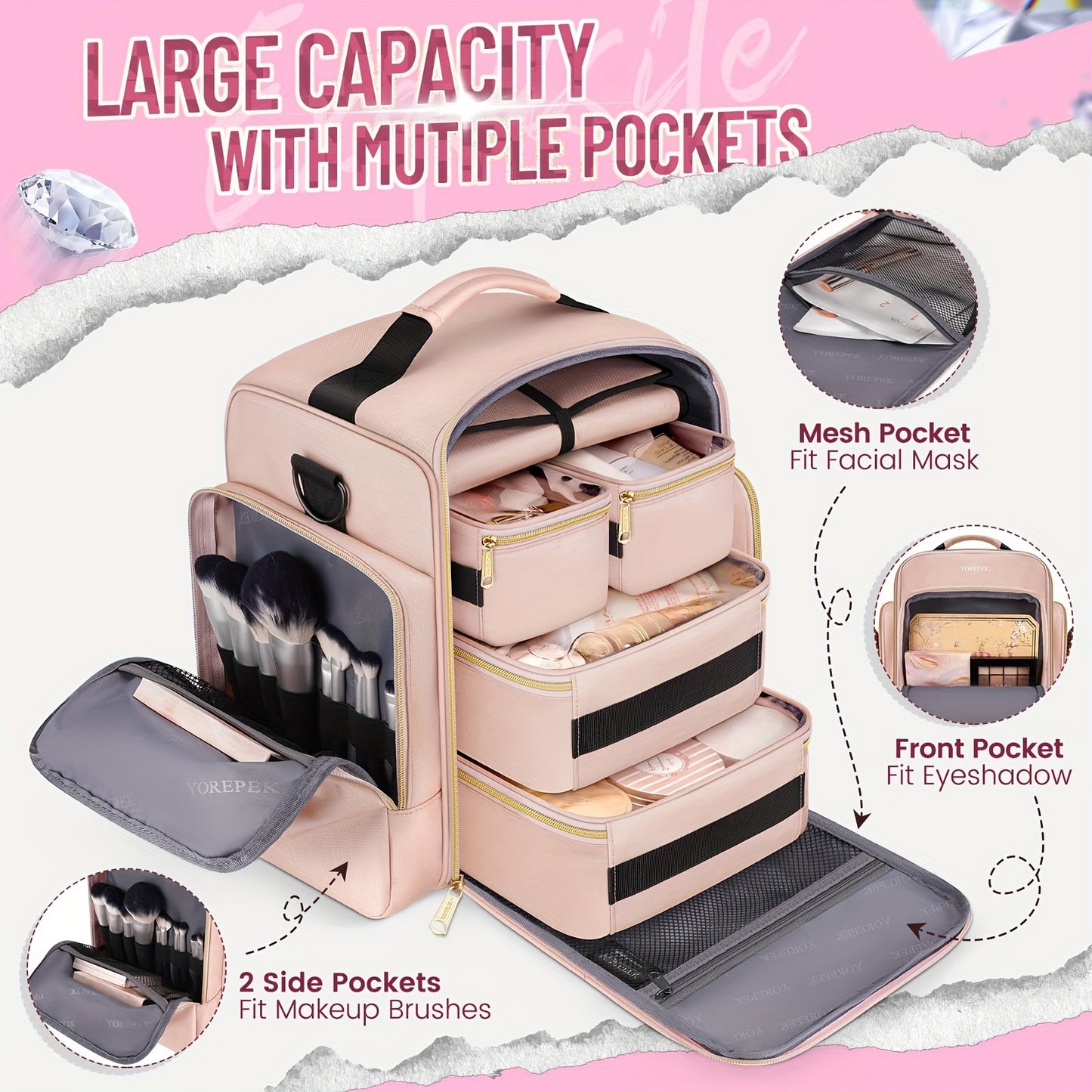Large Multi-Functional Cosmetic Travel Organizer – 4 Detachable Compartments and Jewelry Roll, Versatile Makeup Bag for Toiletries, Skin Care, Hair Products, Ideal Women's Gift