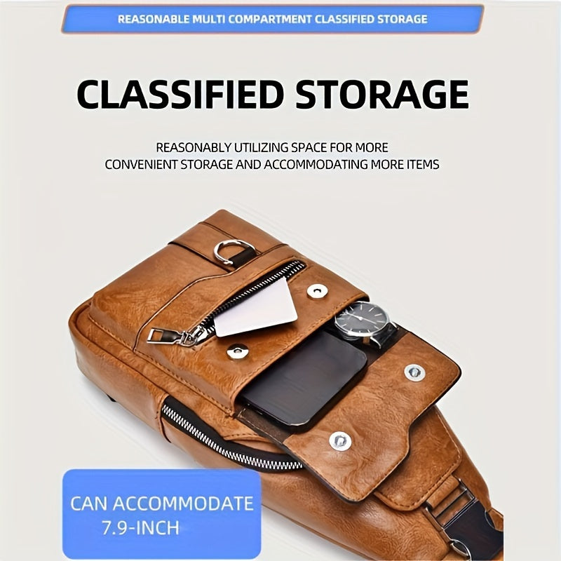 Men's PU Leather Vintage Chest Bag – Casual Large Capacity Crossbody with Multi-Compartments – Waterproof Premium Design for Everyday Use