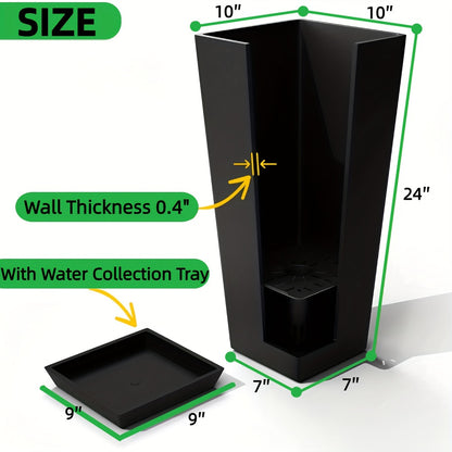Set of 2 Tall Outdoor Planters – 24 Inch Tapered Square Flower Pots for Indoor & Outdoor Plants, Includes Tray for Trees & Flowers, Black for Patio Garden