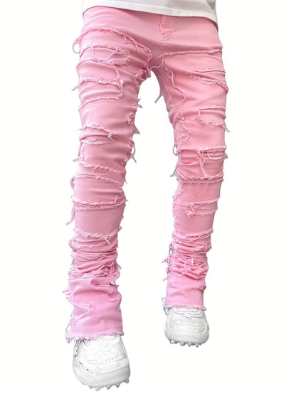 Creative Tassels Decoration Straight Fit Jeans - Men's Casual Medium Stretch Street Style Denim Pants for All Seasons