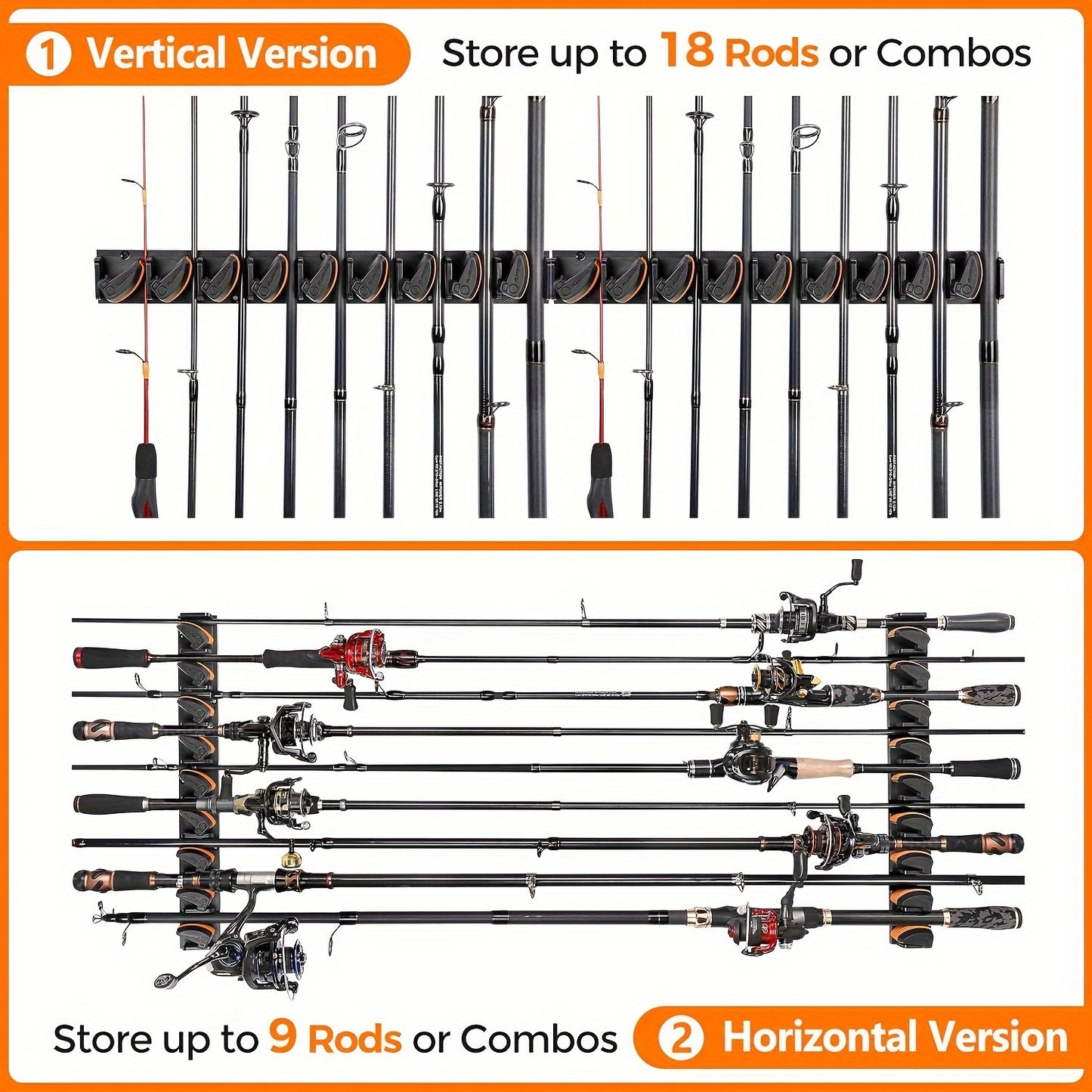 4 Pack PLUSINNO V9 Vertical Wall-Mounted Fishing Rod Holders – Heavy-Duty Aluminum, Holds Up to 36 Rods or Combos, Varnished Finish, Easy Installation, Fits Rods 3-19mm