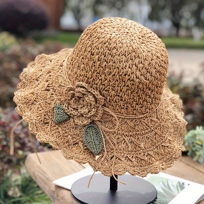 Hand-Crocheted Ruffled Straw Hat - Stylish Summer Beach, Hiking & Thanksgiving Hat