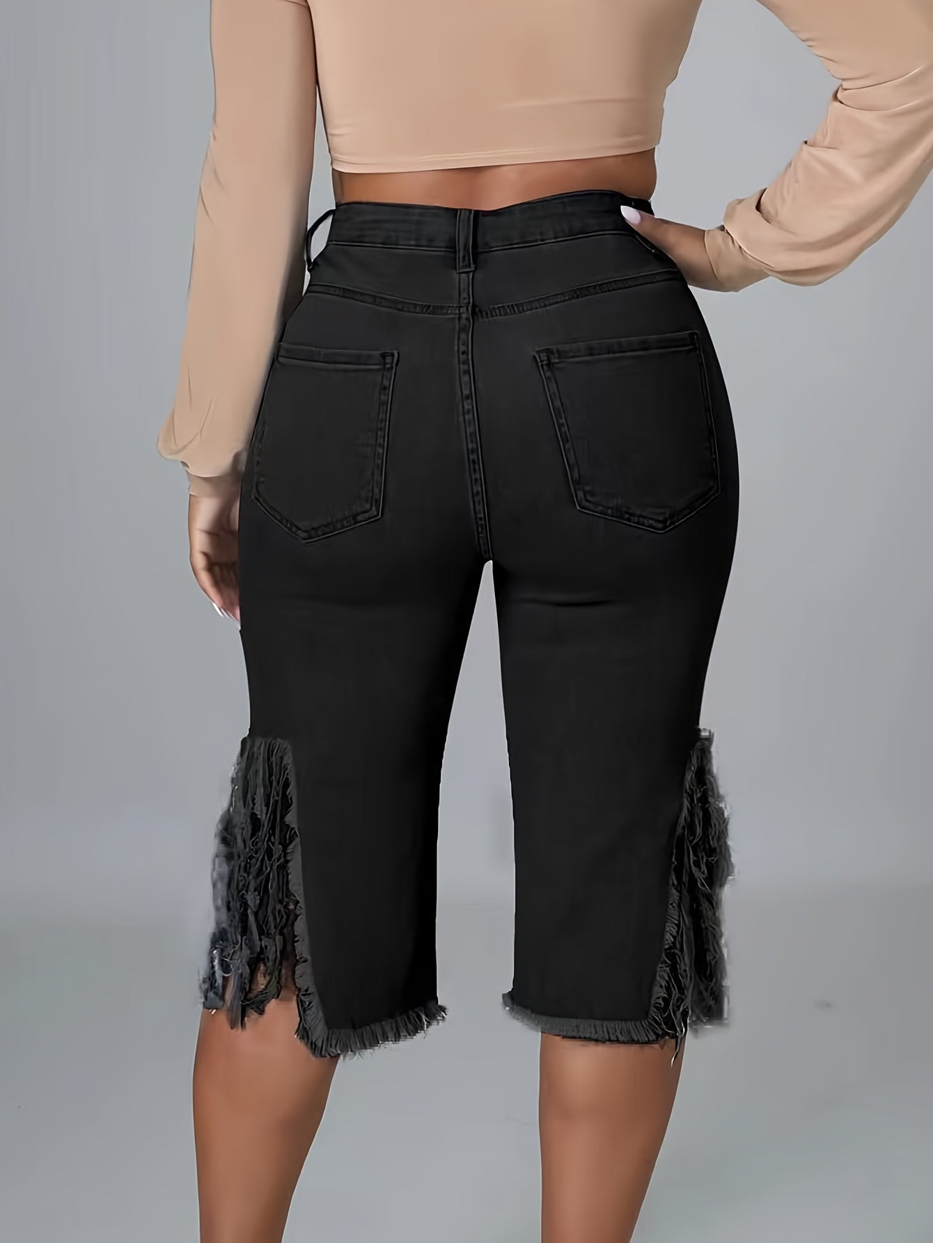 Women's Casual Distressed Denim Midi Shorts – Raw Fringe Hem, Ripped Split Detail – Fashionable Summer Jorts
