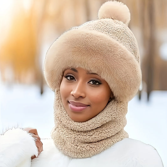 Plush Soft Winter Beanie Hat with Neck and Face Cover - Cozy One-Piece Scarf for Ear Protection, Thick Warm Cycling Hat for Women