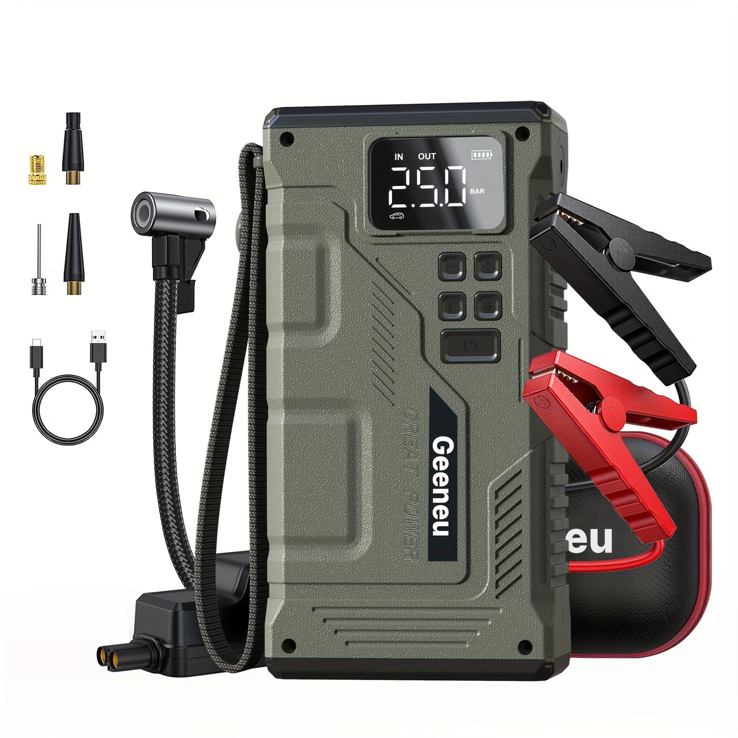 3000A Peak Car Jump Starter with Air Compressor – Portable 12V Battery Charger, 150PSI Digital Tire Inflator, QC18W Fast Charge, LED Emergency Light – Multi-Function Power Bank for 9.0L Gas/7.5L Diesel Vehicles
