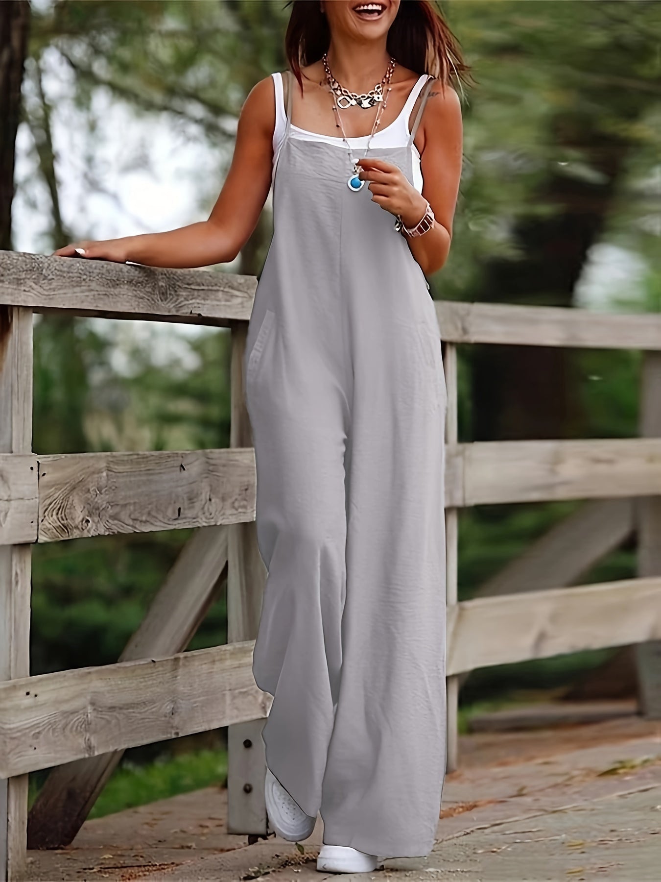 Solid Spaghetti Strap Wide Leg Jumpsuit – Casual Sleeveless Versatile Women's Jumpsuit