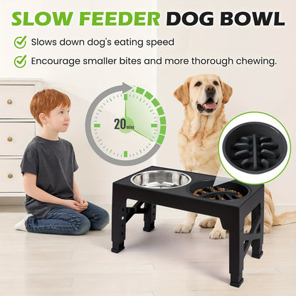 Elevated Dog Bowls with 5 Adjustable Heights – Raised Stand with 2 Stainless Steel Bowls and 1 Slow Feeder, Adjusts from 3.2" to 12.2" for Small, Medium, and Large Dogs