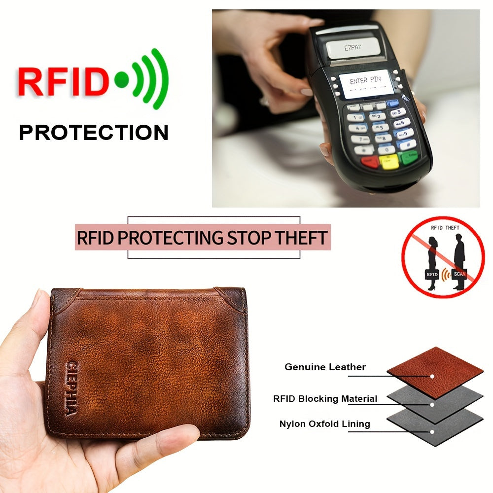1pc Genuine Leather RFID Blocking Wallet for Men - Retro Thin Short ID & Credit Card Holder, Multi-Functional Gift for Valentine's Day