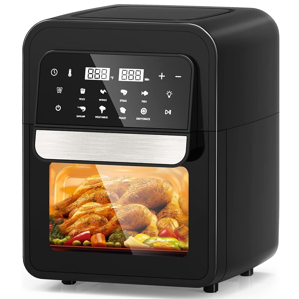 6.5 Qt Large Capacity 8-in-1 Air Fryer Toaster Oven Combo - LCD Touchscreen, Stainless Steel Rack and Non-Stick Basket - Healthy Cooking, Space-Saving Design - Black
