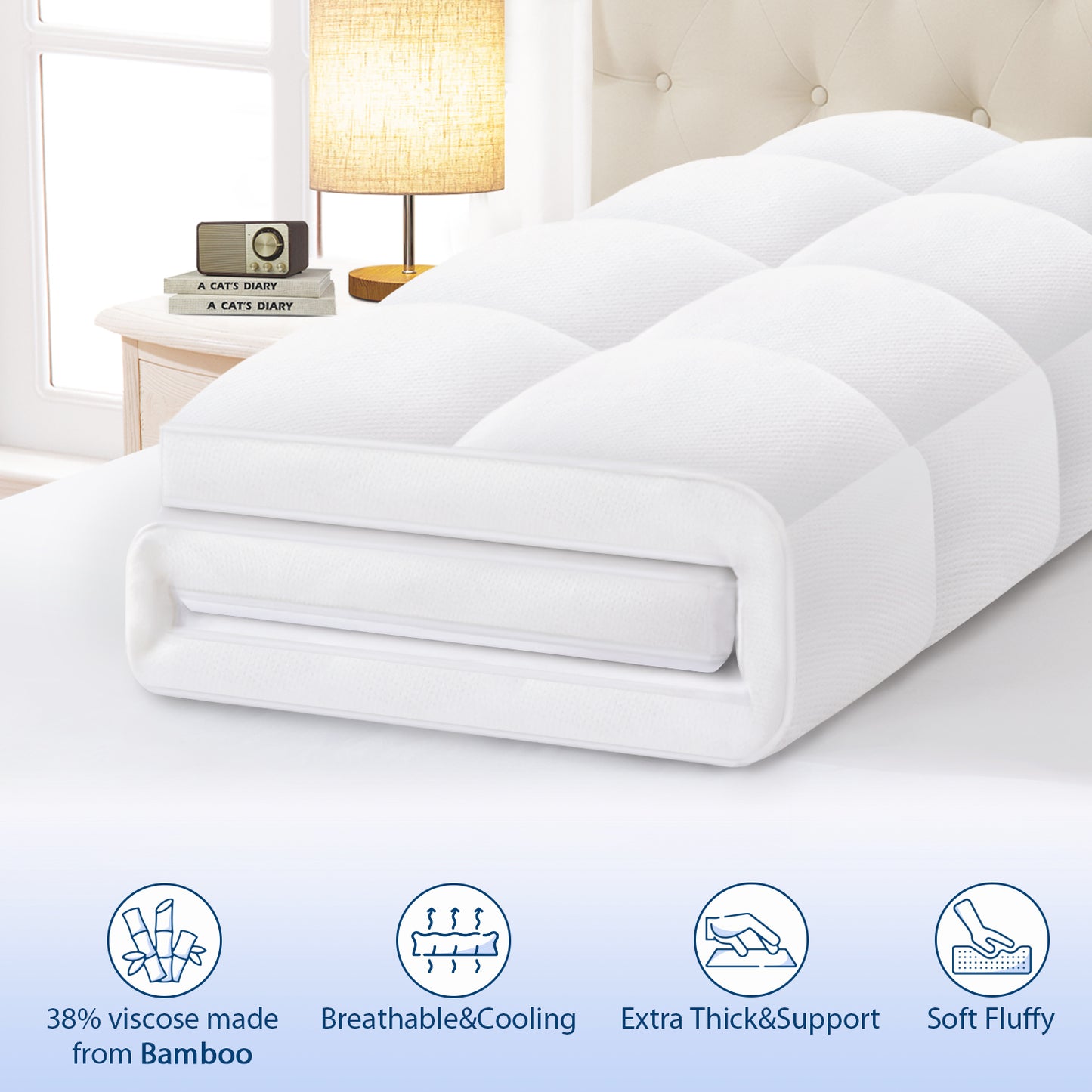 Viscose Bamboo Mattress Topper – Thick Cooling Breathable Pillow Top for Back Pain Relief – Deep Pocket Fits 8-20 Inch Mattresses