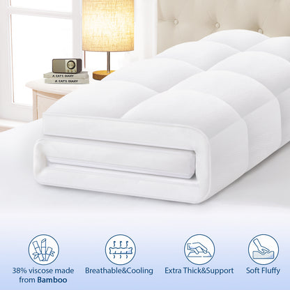 Viscose Bamboo Mattress Topper – Thick Cooling Breathable Pillow Top for Back Pain Relief – Deep Pocket Fits 8-20 Inch Mattresses
