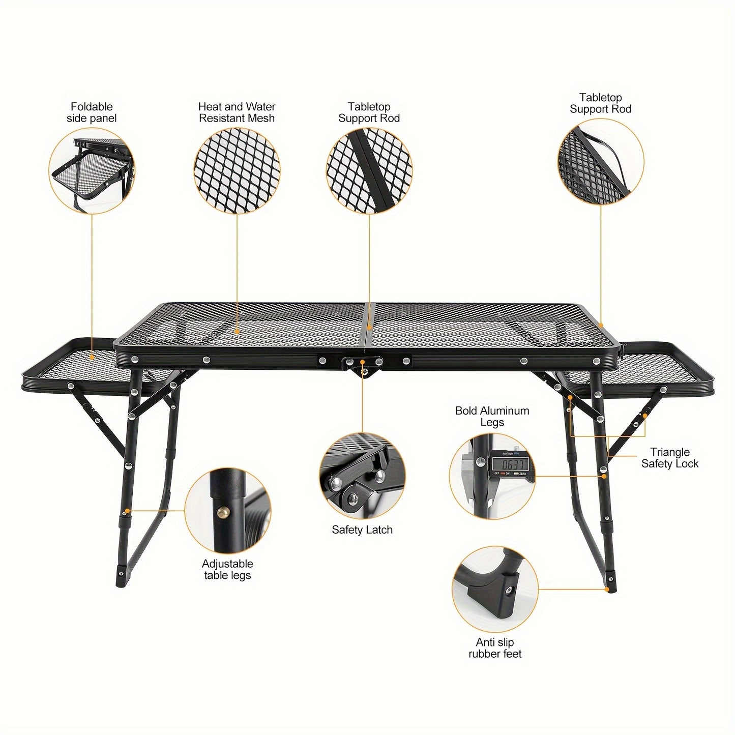 Portable Folding Camping Table with 2 Wing Panels – Height Adjustable, Mesh Desktop, Ideal for Picnic, BBQ, Camping & Beach