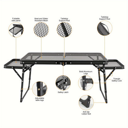 Portable Folding Camping Table with 2 Wing Panels – Height Adjustable, Mesh Desktop, Ideal for Picnic, BBQ, Camping & Beach