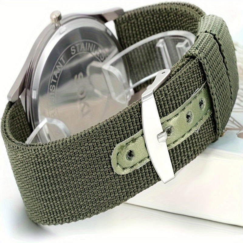 Military Tactical Men's Analog Quartz Watch - Green Nylon Strap, Luminous Dial, 24-Hour Scale, Calendar, Water-Resistant (1ATM), Casual, Business & Sports Gift