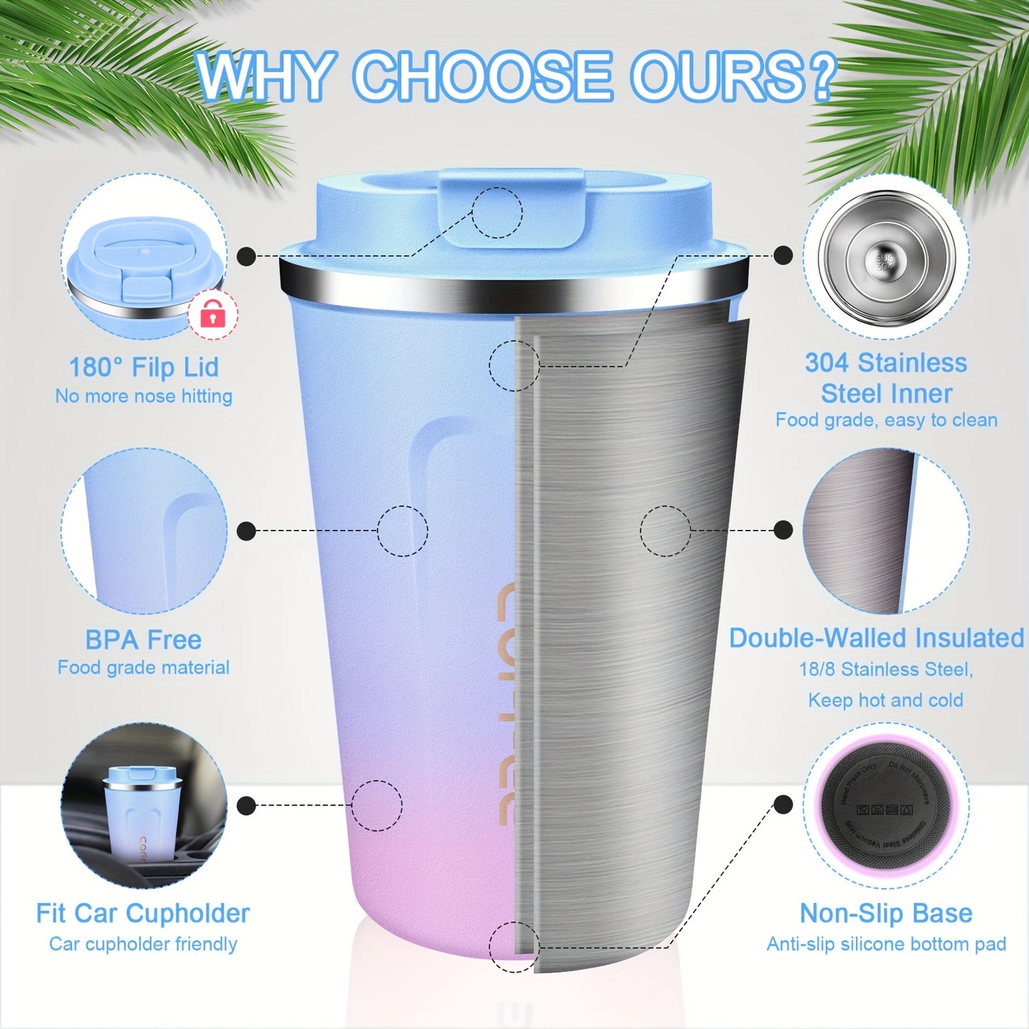 Stainless Steel Insulated Travel Coffee Mug with Lid – Reusable, BPA-Free, Leak Proof, Non-Slip Base – Christmas Winter Theme, 12oz and 17oz Options, Round Shape with Letter Print – Ideal for Hot Beverages