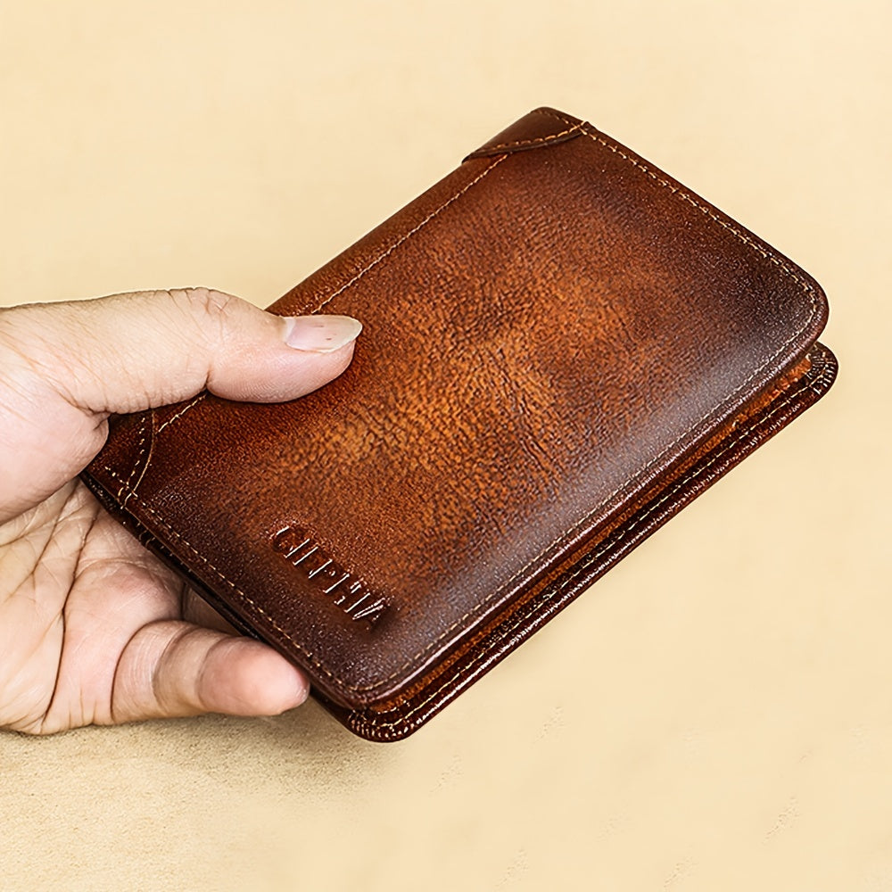1pc Genuine Leather RFID Blocking Wallet for Men - Retro Thin Short ID & Credit Card Holder, Multi-Functional Gift for Valentine's Day