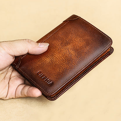 1pc Genuine Leather RFID Blocking Wallet for Men - Retro Thin Short ID & Credit Card Holder, Multi-Functional Gift for Valentine's Day