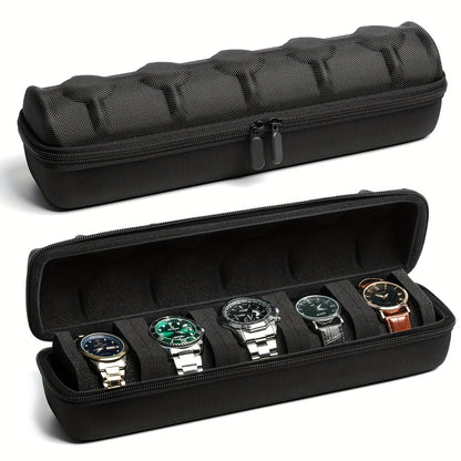 5 Slot Watch Travel Case - Hardshell Storage Organizer Box for Men and Women's Watches with Soft Foam Pillow and Handle