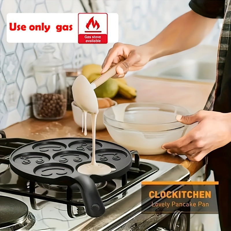 Nonstick Pancake Pan with 7 Happy Face Molds - 7-Cup Blini Maker with Heat-Resistant Handle - Easy-to-Clean Fun Breakfast Pan