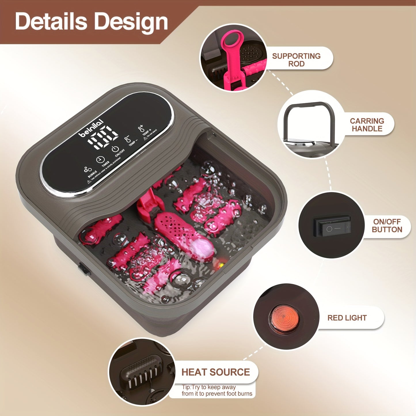 Collapsible Foot Spa Massager – Heater, Temperature Control, Bubbles, Massage Rollers & Vibration for Pressure Relief