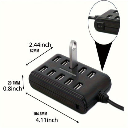 Portable 10-Port USB Hub – General Purpose ABS Plastic Double Row with Switch for Work & Home Use