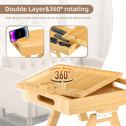 Sofa Armrest Tray with Storage Box - 360° Rotating Bamboo Arm Table, Phone Holder, Remote & Drink Cup Organizer, Food Tray for End Table