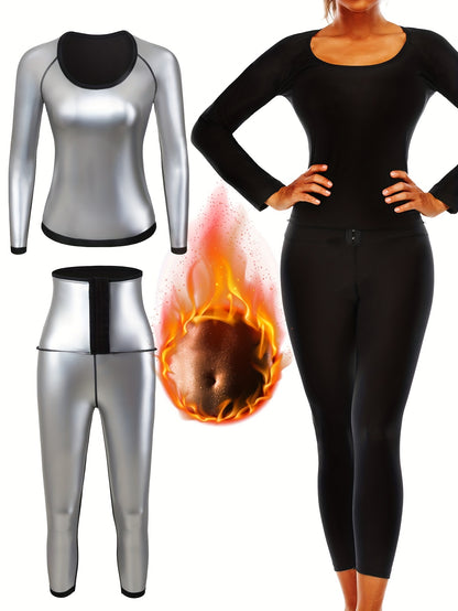 Women's Sauna Sweat Suit Set – Heat-Trapping Long Sleeve Shirt and Leggings, High Waist Fitness Yoga Gear for Fall and Winter