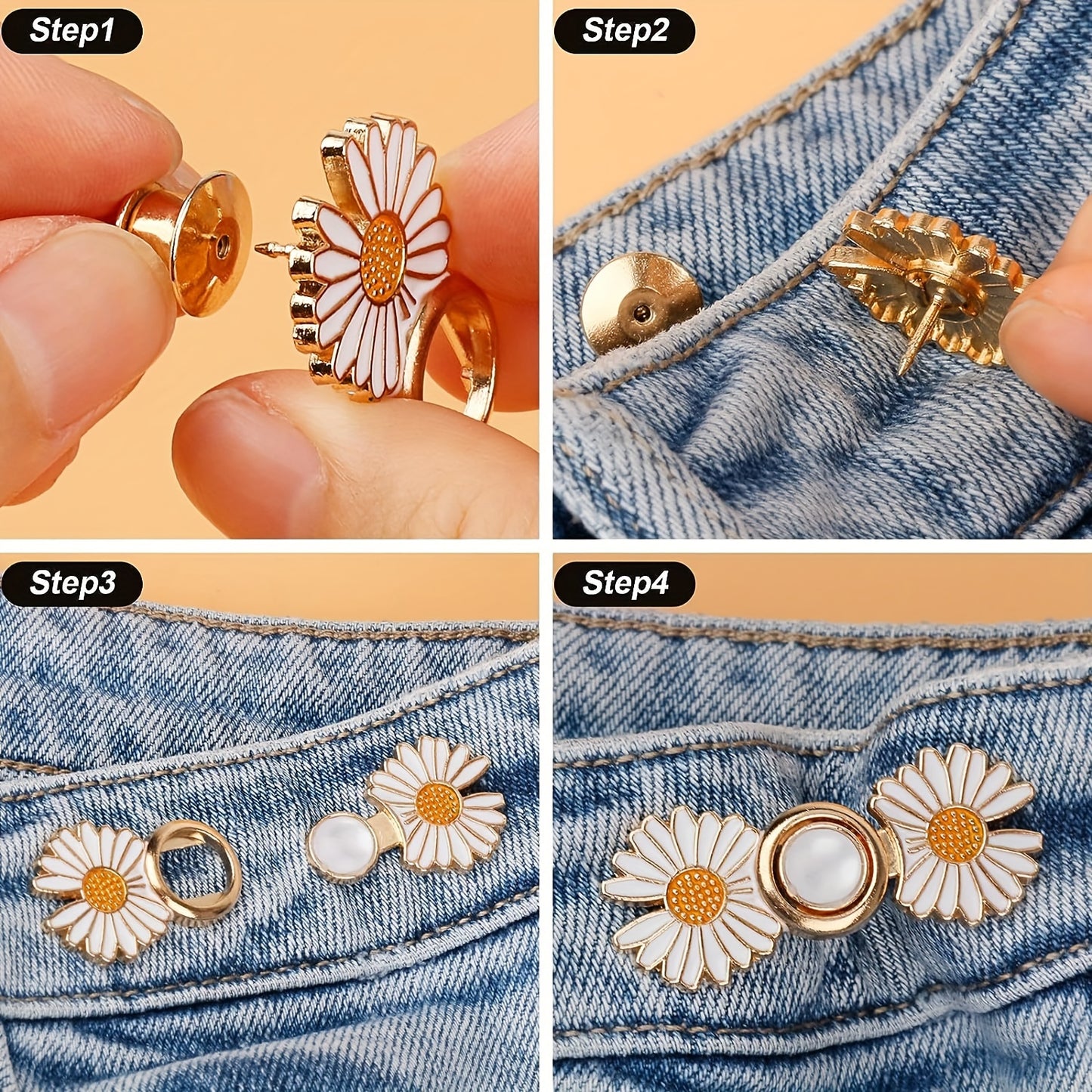8 Pack Adjustable Waistband Buttons – Removable Instant Denim Pins, No-Sew Tighteners for Loose Jeans, Daisy Flower Design, White
