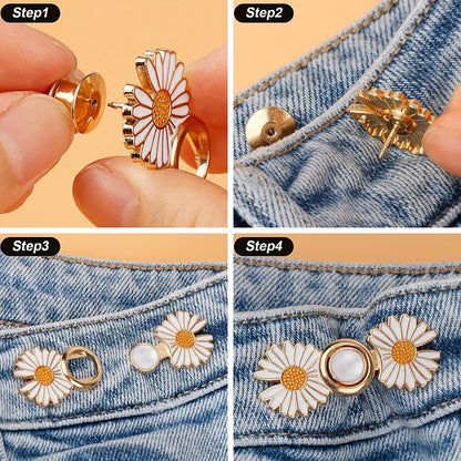 8 Pack Adjustable Waistband Buttons – Removable Instant Denim Pins, No-Sew Tighteners for Loose Jeans, Daisy Flower Design, White