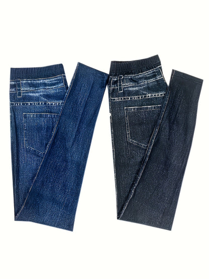 2 Pack Imitation Denim Print Pants - Casual Stretchy Everyday Pants for Women