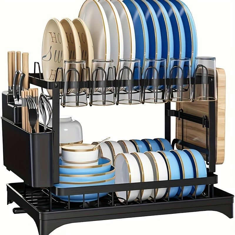 2-Tier Large Stainless Steel Dish Drying Rack with Drainboard – Black Dish Drainer for Kitchen Counter – Includes Space for Dishes, Knives, Cups, Cutting Board