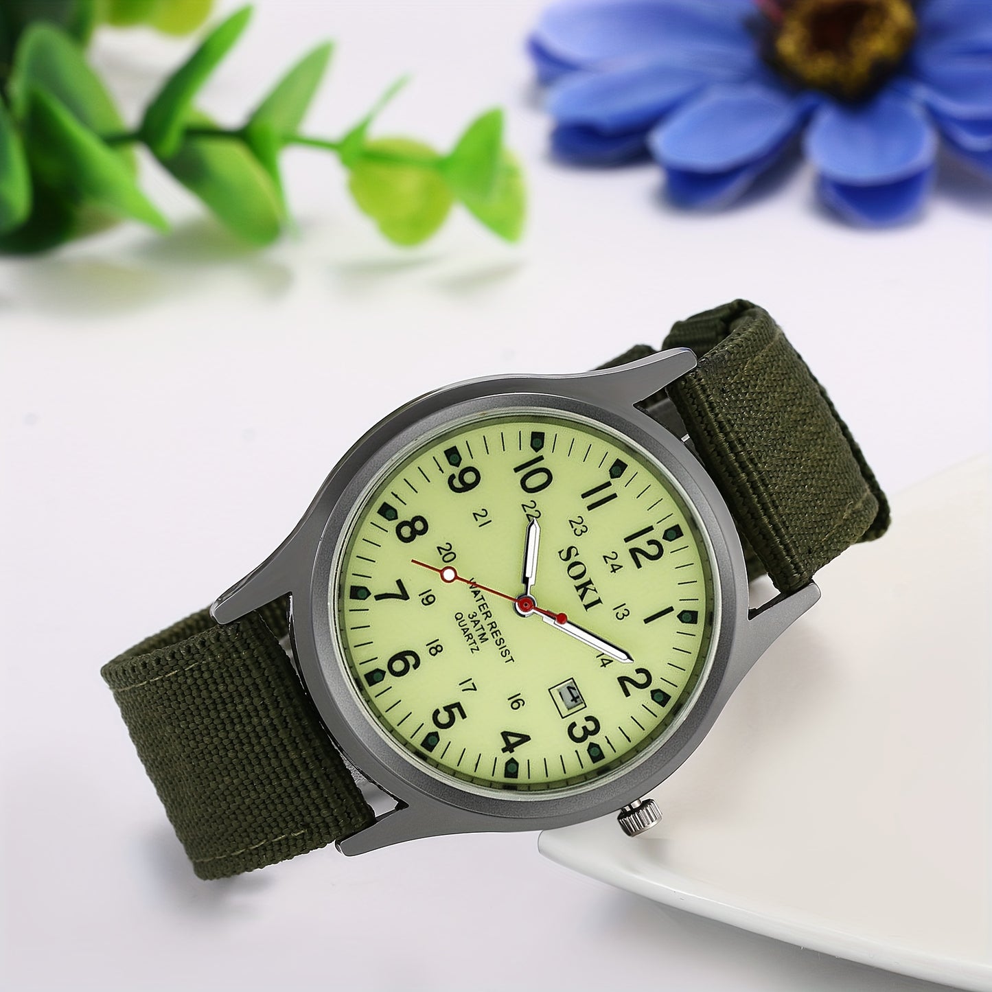 Military Tactical Men's Analog Quartz Watch - Green Nylon Strap, Luminous Dial, 24-Hour Scale, Calendar, Water-Resistant (1ATM), Casual, Business & Sports Gift