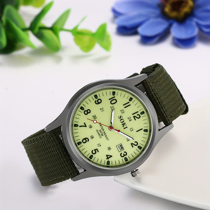 Military Tactical Men's Analog Quartz Watch - Green Nylon Strap, Luminous Dial, 24-Hour Scale, Calendar, Water-Resistant (1ATM), Casual, Business & Sports Gift