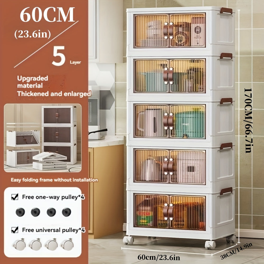 5 Layer Plastic Storage Box with Lid - Extra Large 19.3 Inch Folding Stack Container with Wheels, Ideal for Wardrobe, Bathroom, Home, Office, Dormitory