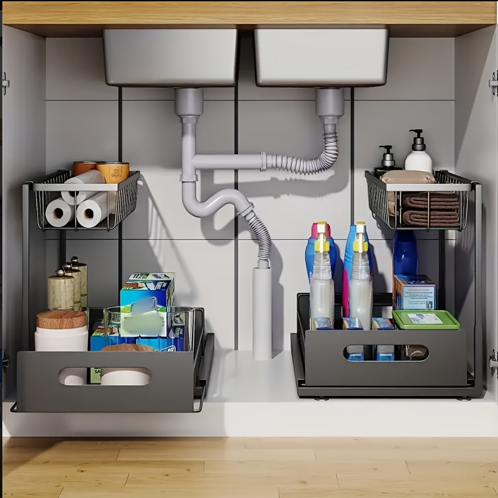 2 Tier Under Sink Organizer: Slide-Out Kitchen & Bathroom Cabinet Storage Shelf, Sturdy Metal Construction